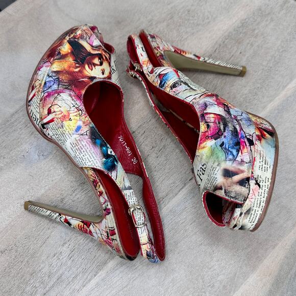 Newsprint Platform Peep Toe Womens Heels Red Retro Slingbacks Size 38 EU - Picture 11 of 15
